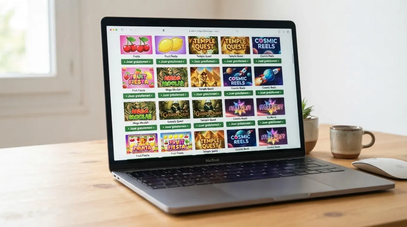 Une galerie de vignettes de machines à sous sur un site de jeu gratuit, avec un bouton « Jouer gratuitement » ou « Essayer » visible sous chaque titre, dans une interface de navigateur web