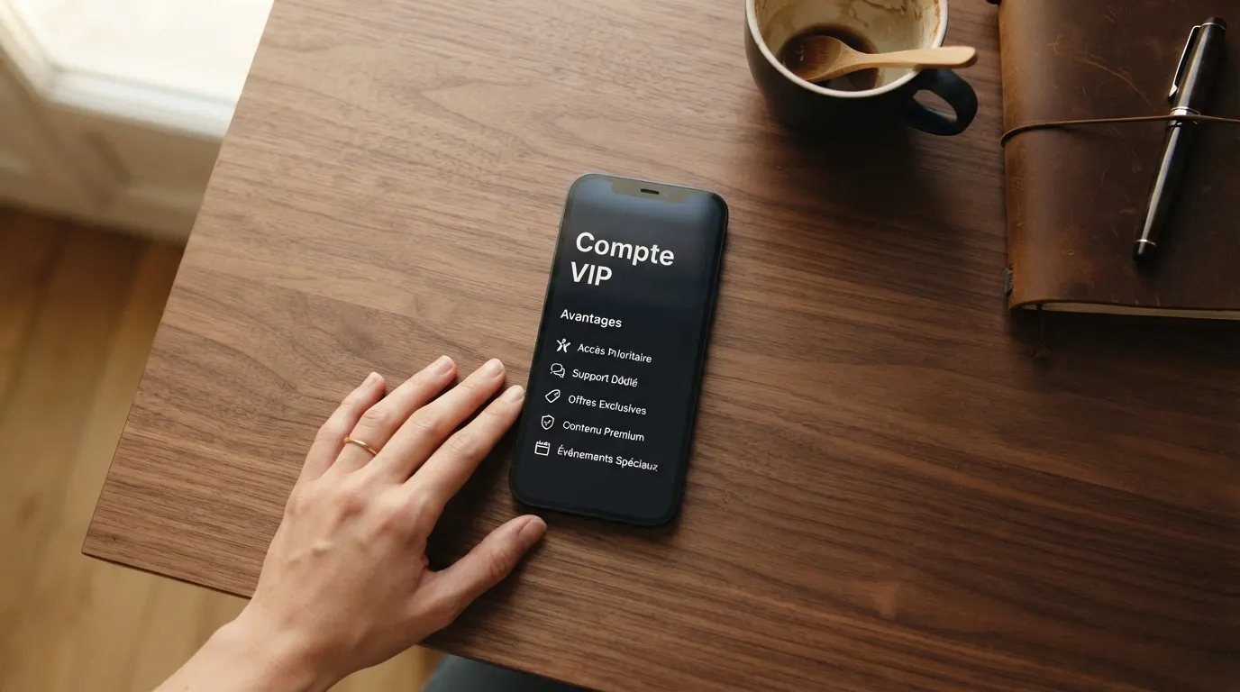 Un joueur au téléphone avec un conseiller dédié, écran partagé montrant un compte VIP avec avantages personnalisés