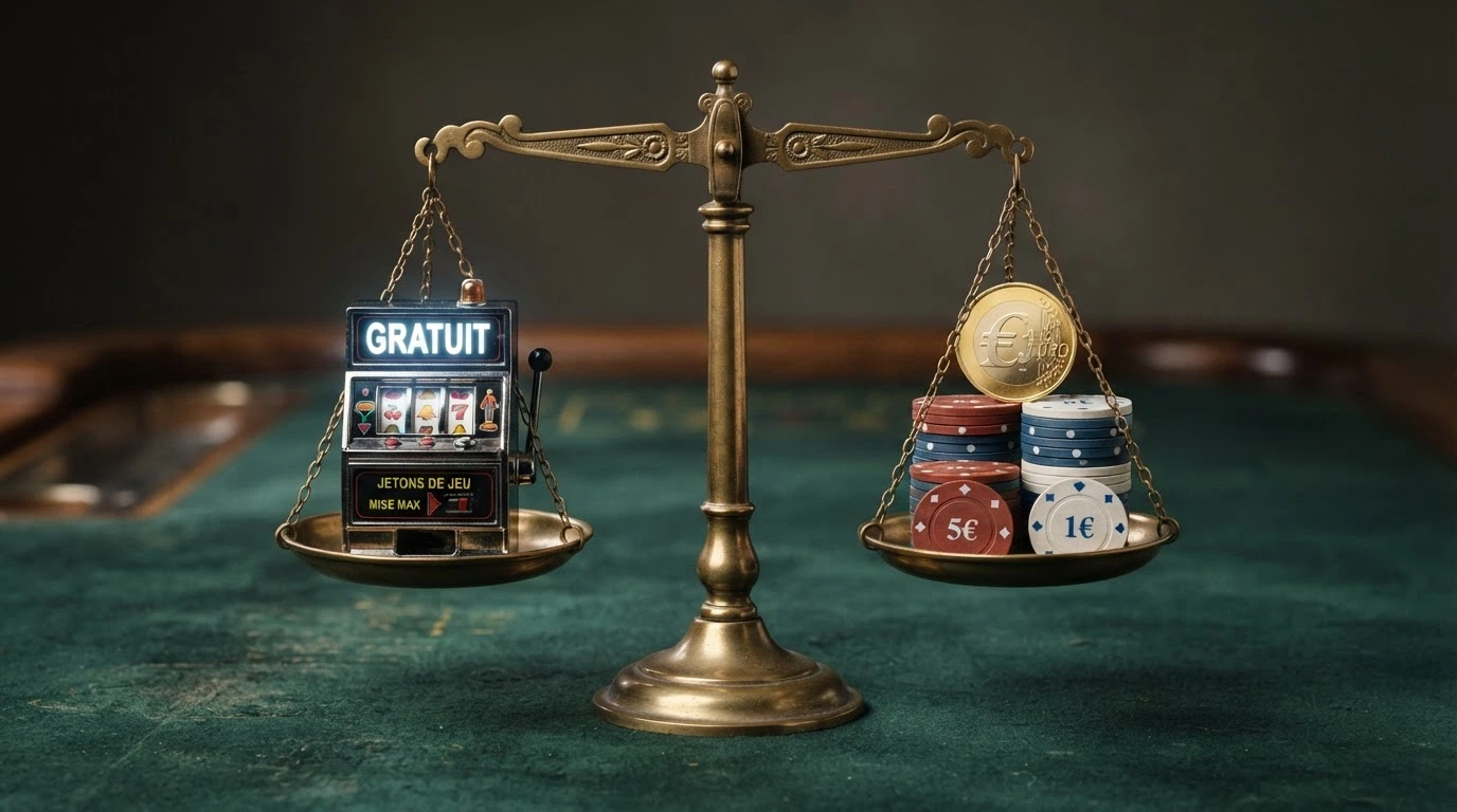 Une balance à plateaux : à gauche, une machine à sous 3 rouleaux en mode démo avec le mot « GRATUIT », à droite, la même machine avec une pile de jetons et le mot « RÉEL »
