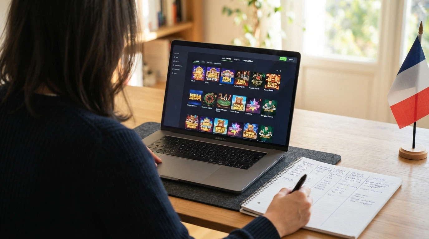 Un écran partagé montrant les logos ou les pages d'accueil de plusieurs casinos en ligne, organisés en vis-à-vis, avec une surimpression discrète du drapeau français pour ancrer le contexte géographique