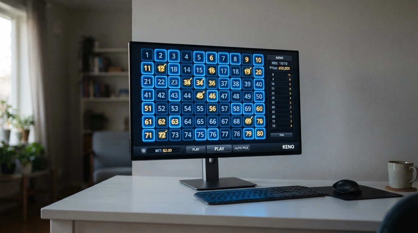 Une grille de keno de casino (80 cases) avec 10 numéros cochés et 20 boules tirées mises en évidence, l'interface étant celle d'un casino en ligne type