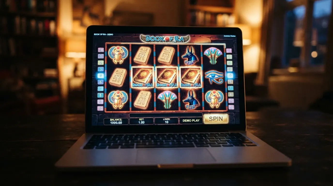 La grille de jeu de Ramses Book ouverte en mode démonstration, montrant les 5 rouleaux, les symboles égyptiens et le livre Wild/Scatter