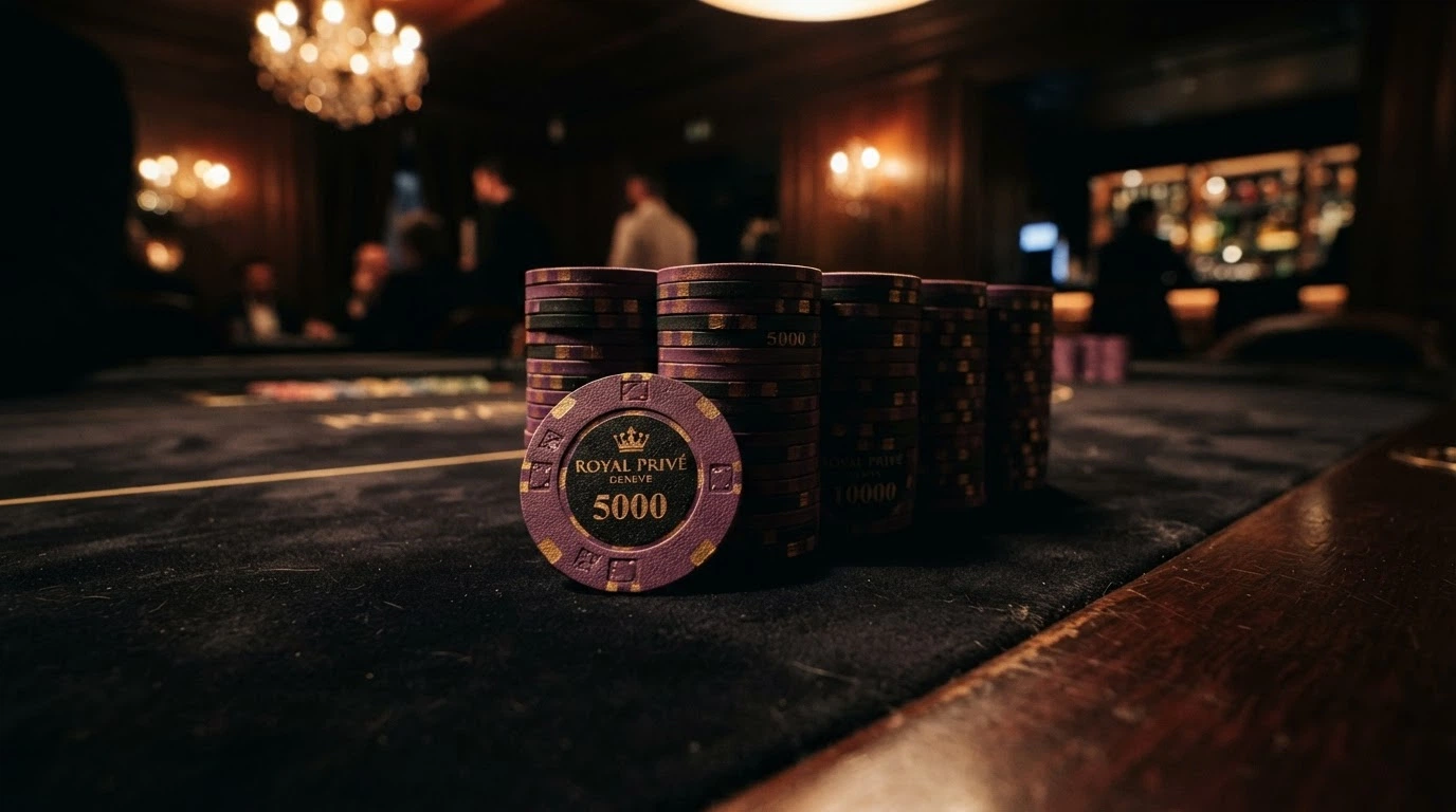 Une pile de jetons de haute valeur sur un tapis de jeu, un joueur misant gros, ambiance exclusive de salon privé