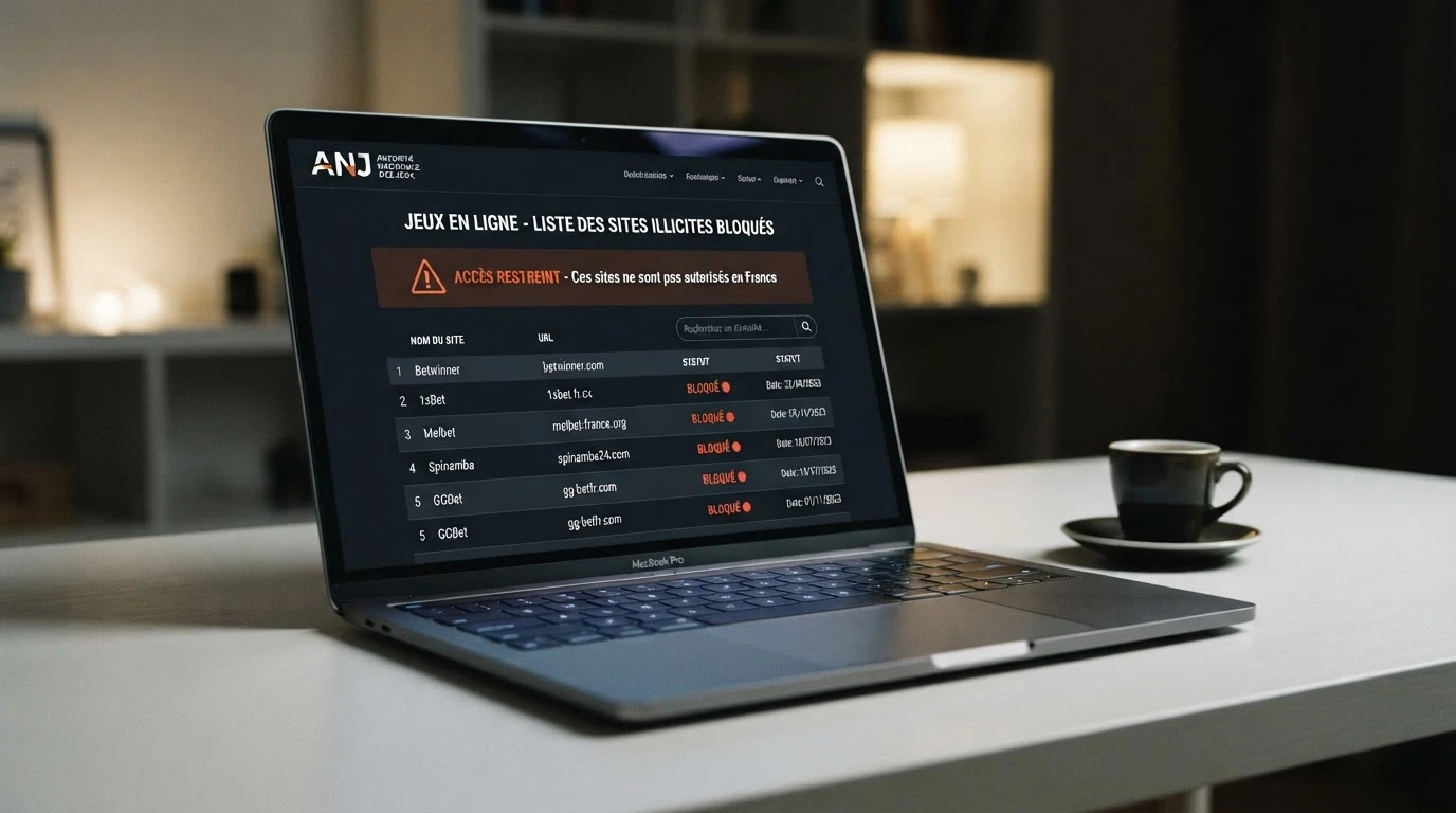 Interface du site de l'ANJ affichant la liste noire des sites de jeux bloqués et déréférencés