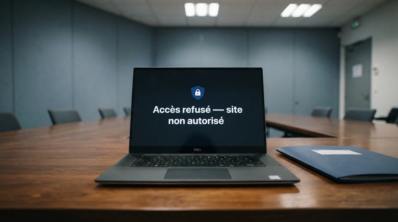 Logo de l'Autorité nationale des jeux sur un fond bleu institutionnel, à côté d'un écran affichant un message de blocage de site