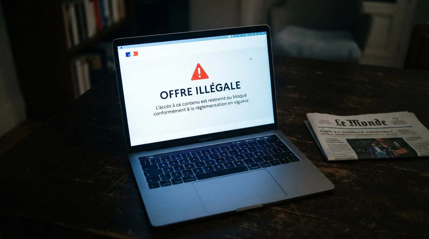 Écran affichant le site de l'ANJ avec la mention « offre illégale » et le drapeau français en arrière-plan
