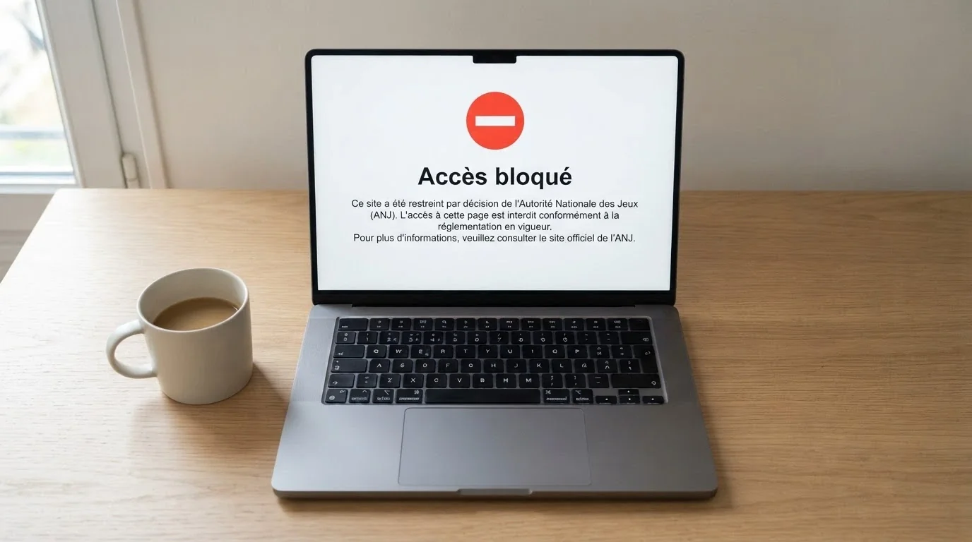 Écran d'ordinateur affichant un message de blocage d'un site de jeux illégal par l'ANJ