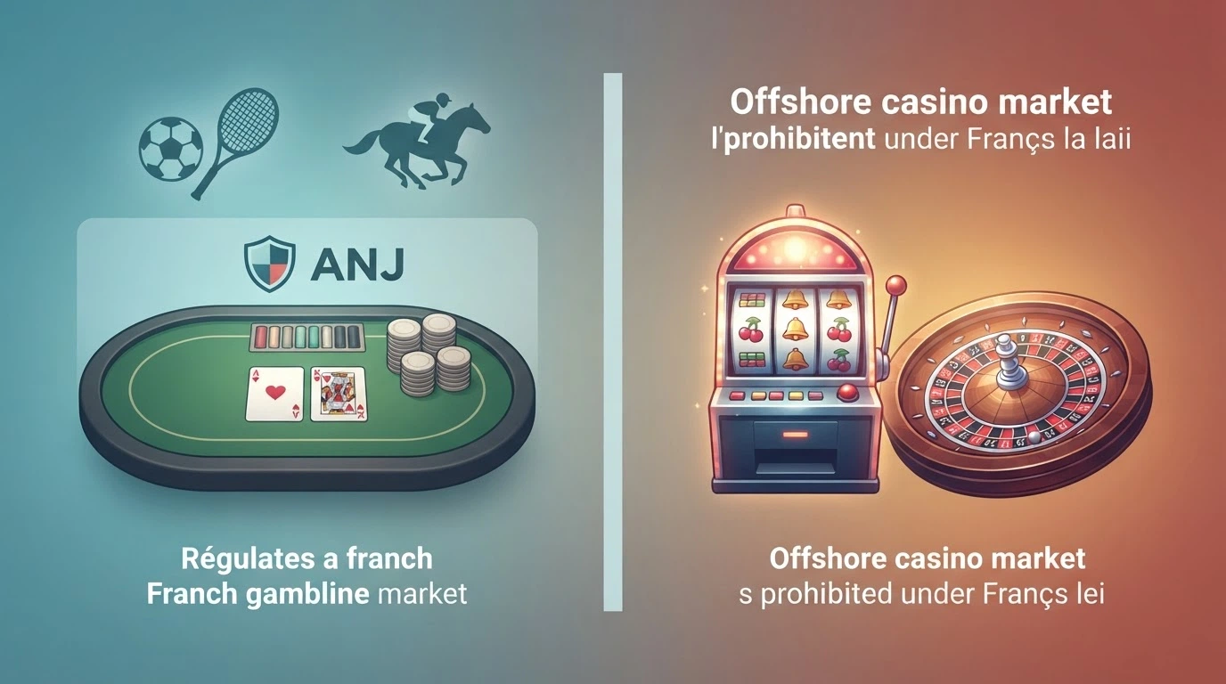 Infographie comparant le marché régulé français (paris sportifs, poker) et le marché offshore (casino, machines à sous) avec les chiffres clés