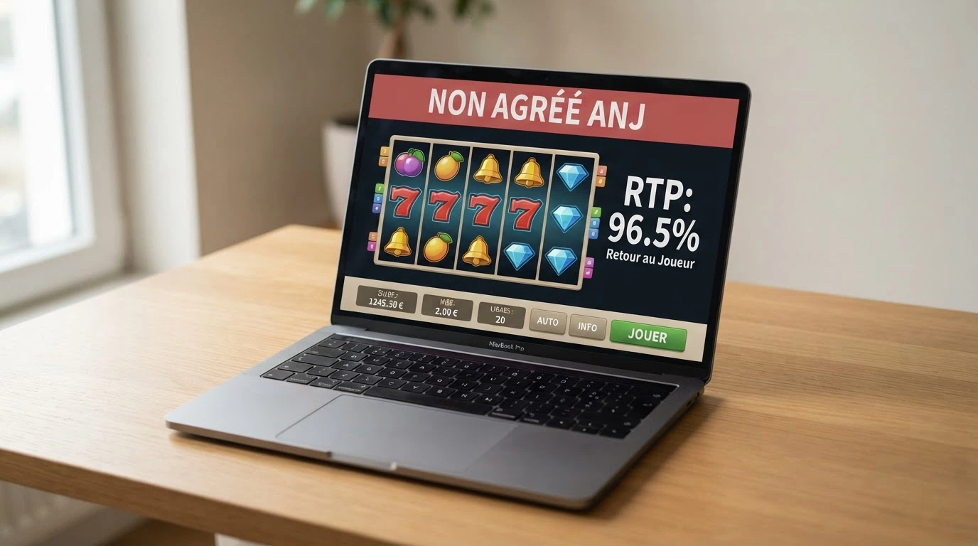 L'interface d'un casino en ligne affichant côte à côte le RTP d'une machine à sous et un bandeau d'avertissement « non agréé ANJ ».