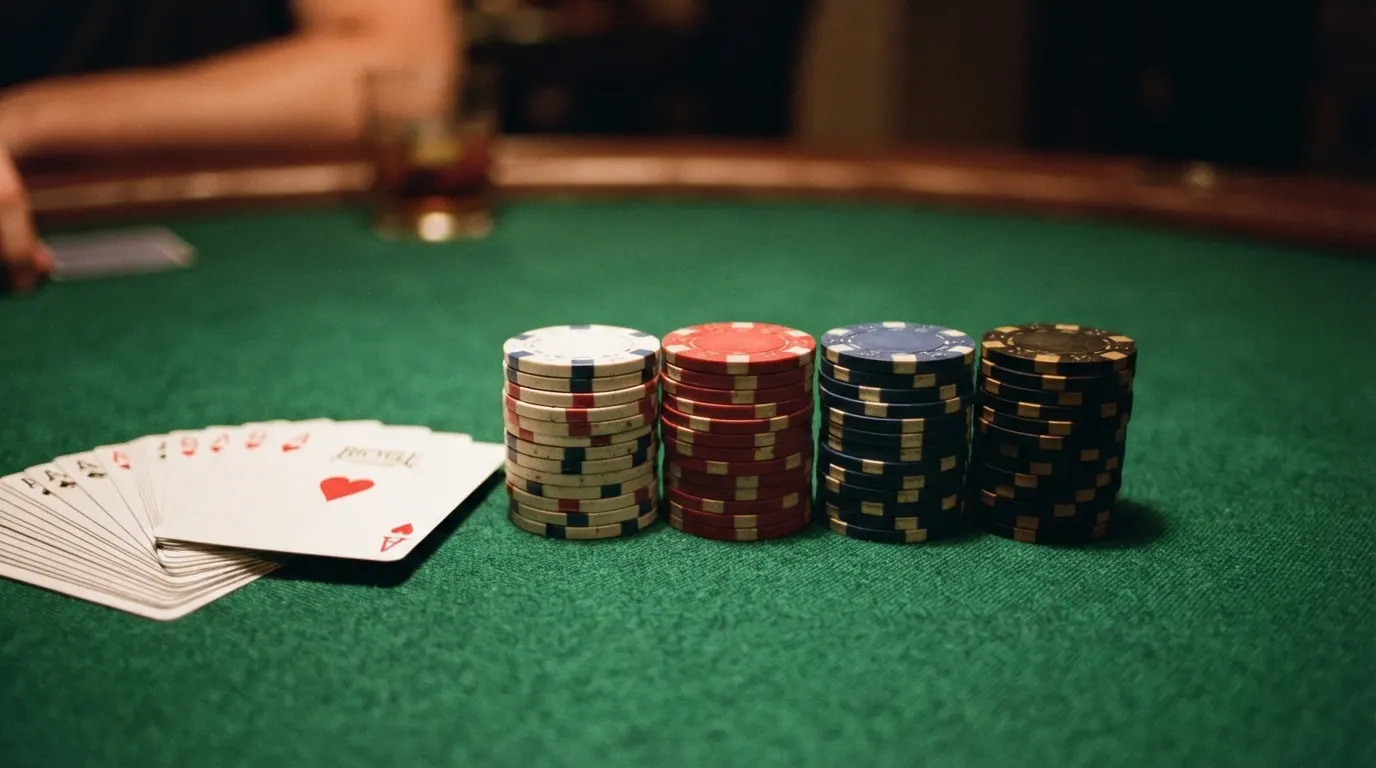 Jetons de poker de différentes couleurs empilés en colonnes sur un tapis de jeu vert, avec un jeu de cartes à côté