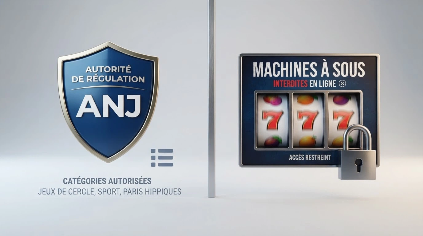 Un écran partagé en deux : à gauche le logo de l'ANJ sur fond bleu institutionnel, à droite une interface de machine à sous avec un cadenas ouvert en surimpression