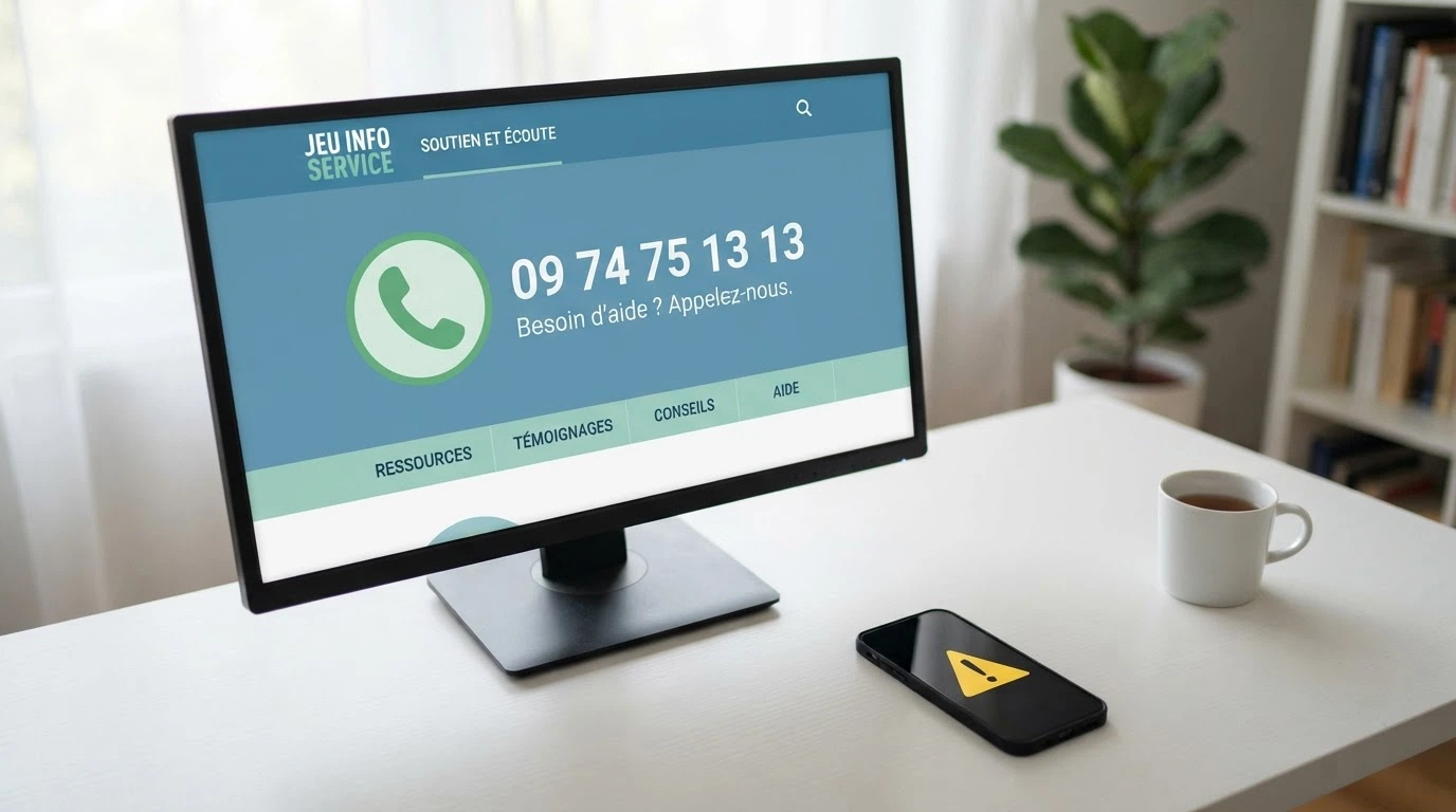 Le site Joueurs Info Service affiché sur l'écran d'un ordinateur, avec un téléphone posé à côté