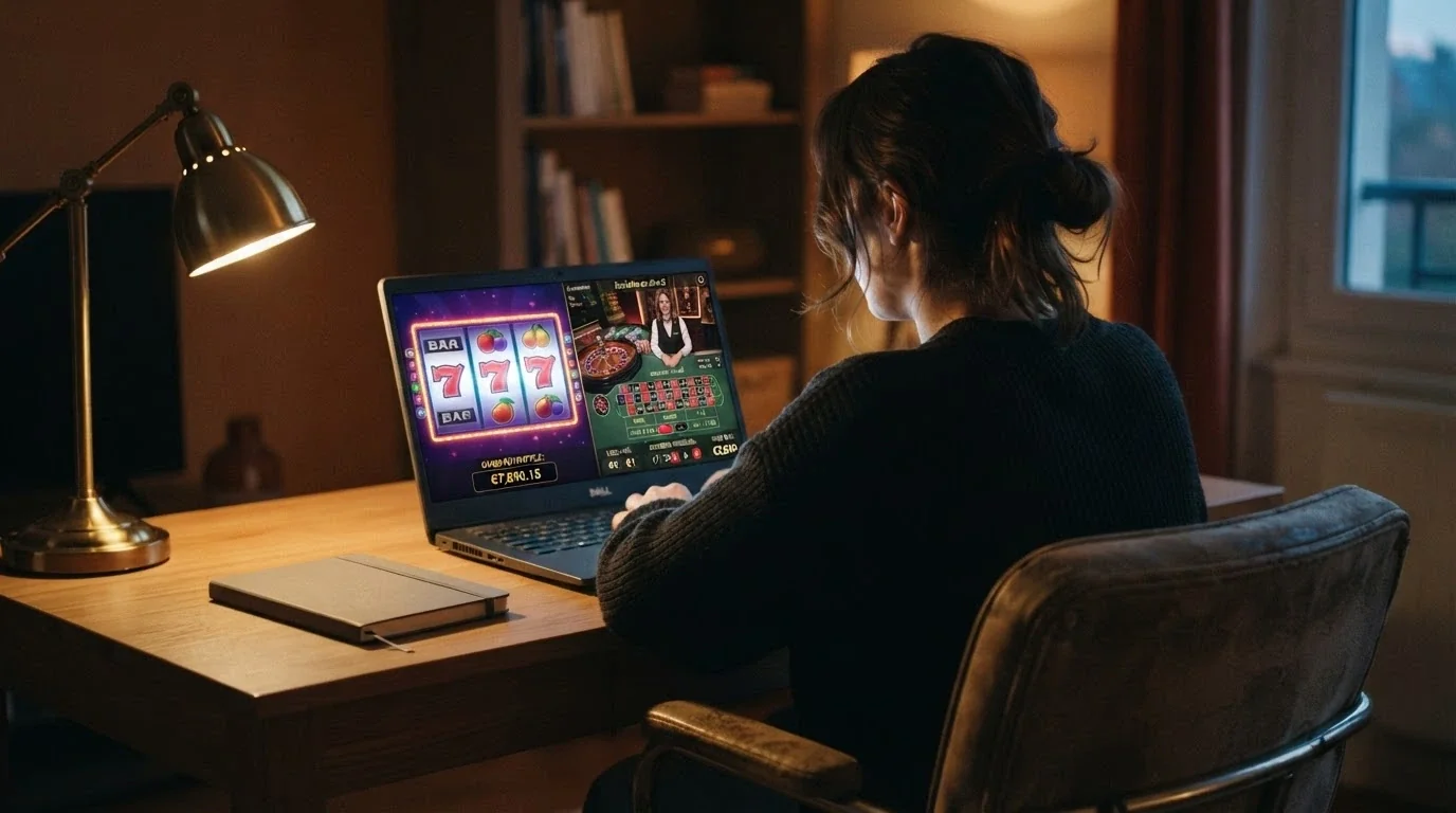 Des machines à sous et une table de live casino sur un écran