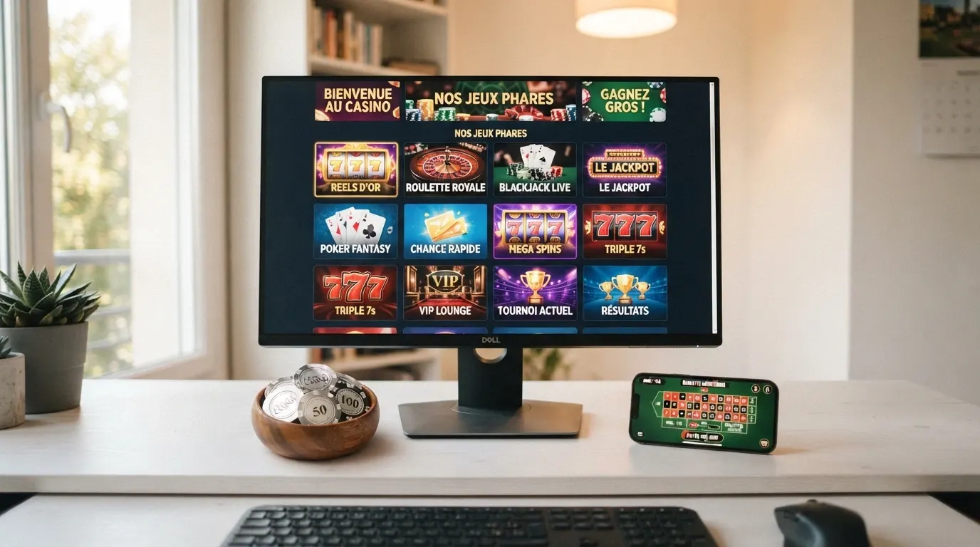 Galerie de jeux de casino en ligne — machines à sous, table de blackjack et roulette en direct