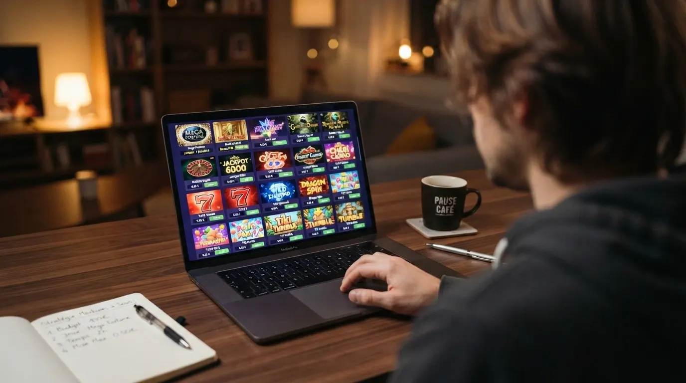 Un écran de casino en ligne affichant une grille de machines à sous, avec les logos de NetEnt, Pragmatic Play et Evolution visibles en filigrane sur les vignettes