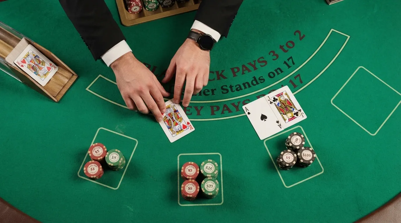 Une table de blackjack en direct vue du dessus, avec les mains du croupier distribuant les cartes et l'interface de jeu affichée