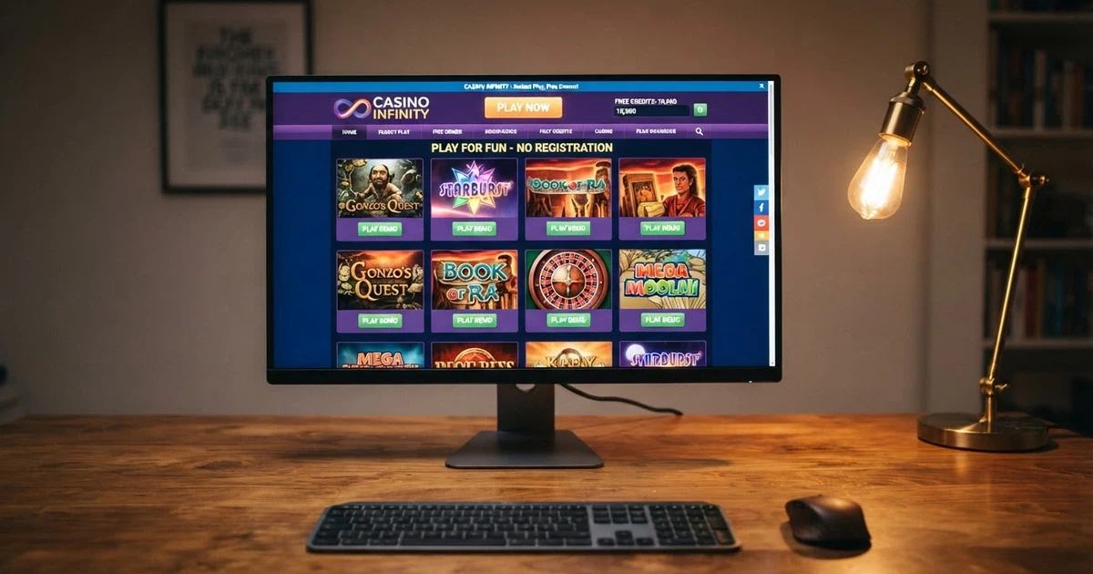 Écran d'ordinateur affichant une grille de jeux de casino en mode démonstration, avec des vignettes de machines à sous et de roulette, sans formulaire d'inscription visible