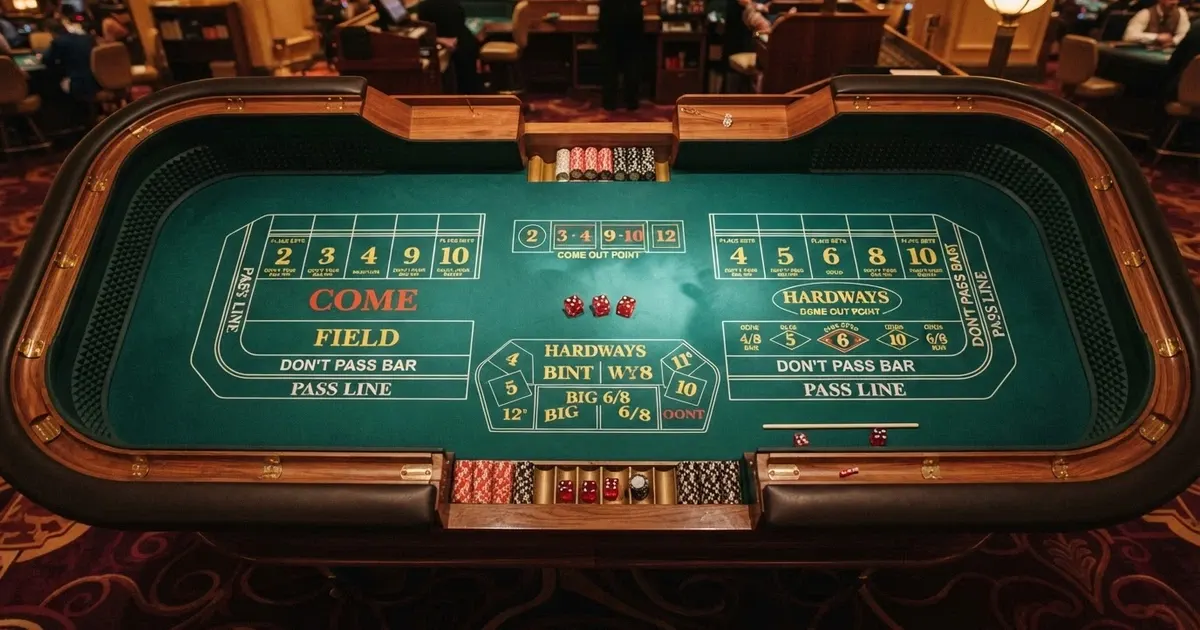 Une table de craps vue du dessus avec trois dés rouges posés sur le tapis vert, les zones de paris visibles autour