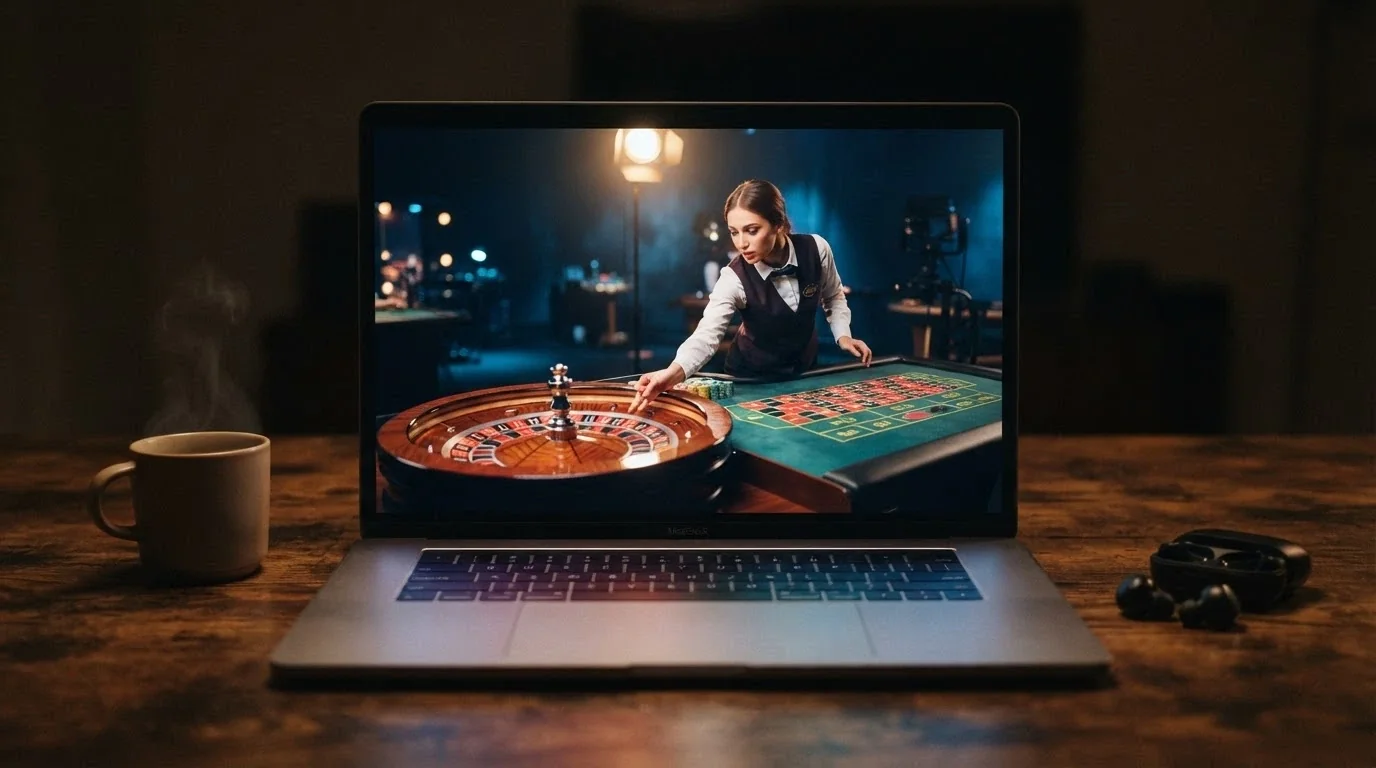 Table de jeu en direct avec croupier diffusée en streaming sur un écran de casino en ligne