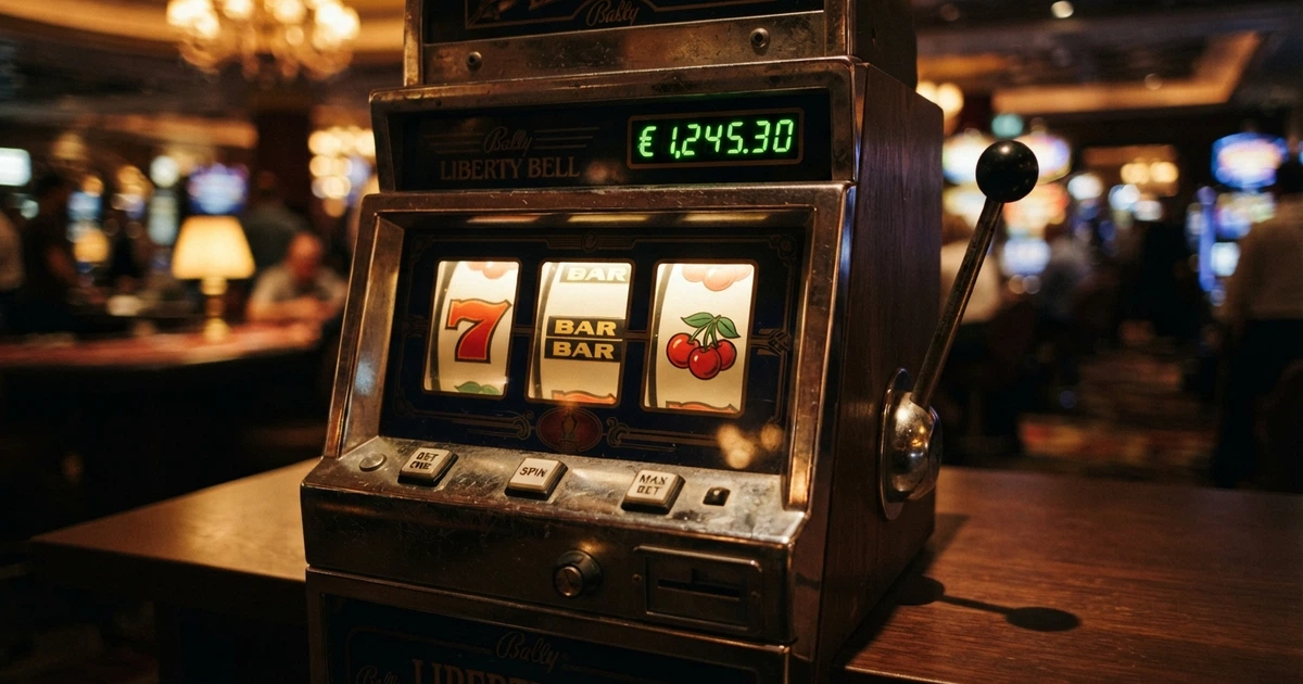 Une machine à sous 3 rouleaux classique affichant des symboles BAR, 7 et cerises sur un écran de jeu en mode démo, avec le compteur d'argent fictif visible en haut de l'écran