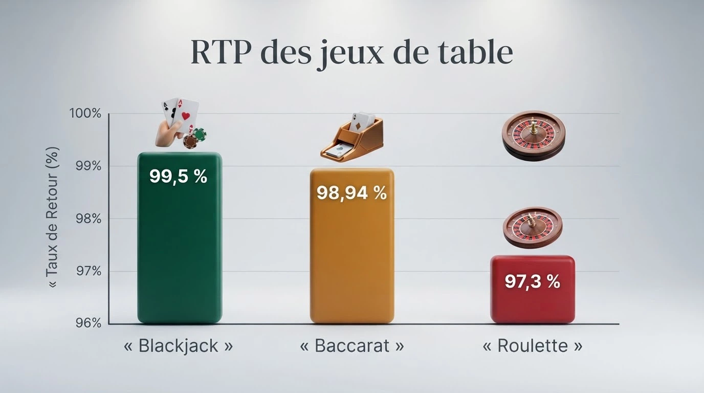 Tableau comparatif des trois jeux de table majeurs — blackjack, roulette et baccarat — avec leur RTP respectif