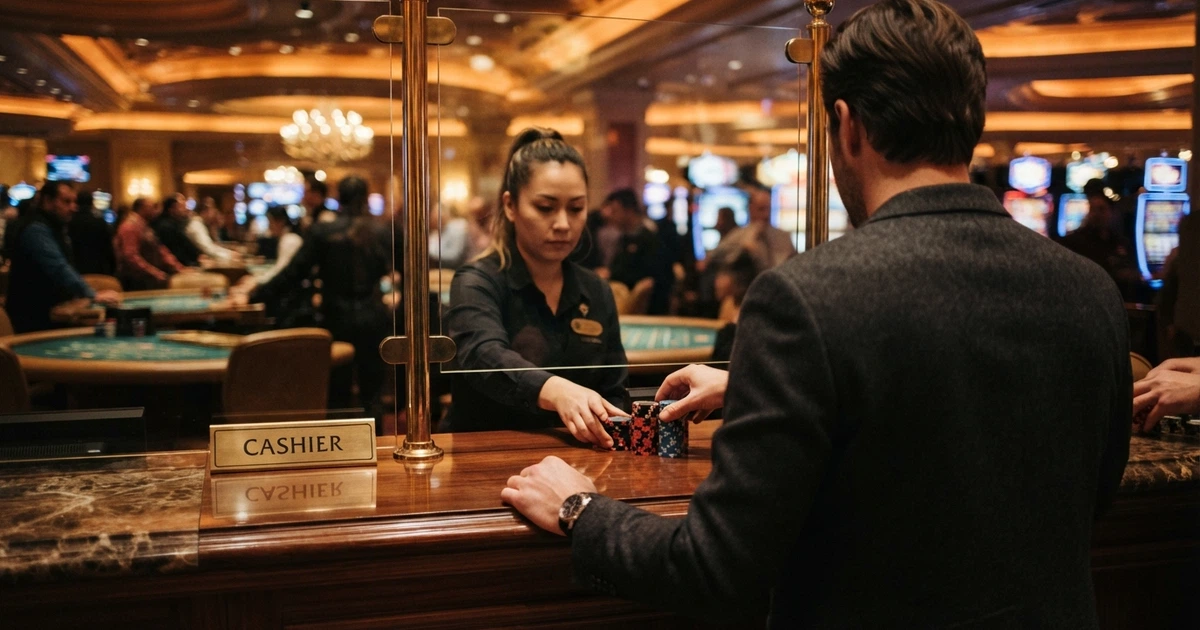 Un joueur recevant des billets en main propre à la caisse d'un casino terrestre français.