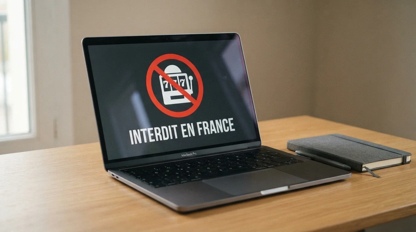 Le logo officiel de l'ANJ sur un écran, barré d'un trait rouge sur l'icône d'une machine à sous, avec la mention « interdit en France »