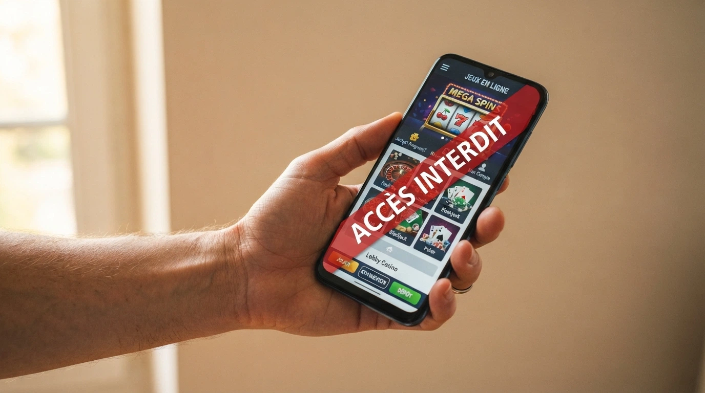 Une capture d'écran du registre des opérateurs agréés sur le site anj.fr, avec un bandeau rouge « INTERDIT » superposé sur une icône de machine à sous