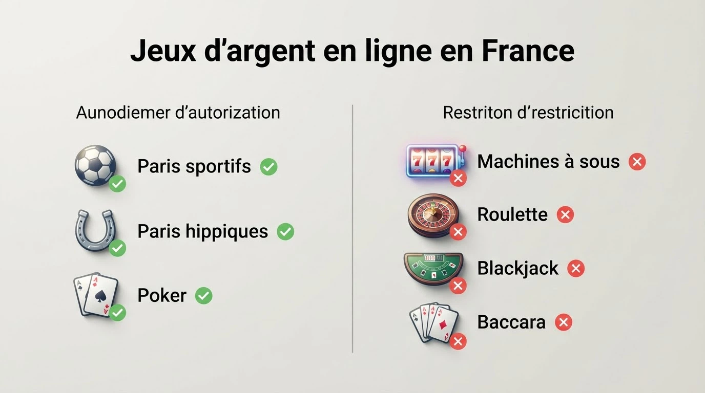 Capture d'écran du site officiel de l'ANJ affichant la page des opérateurs agréés et la liste des catégories de jeux autorisées en France