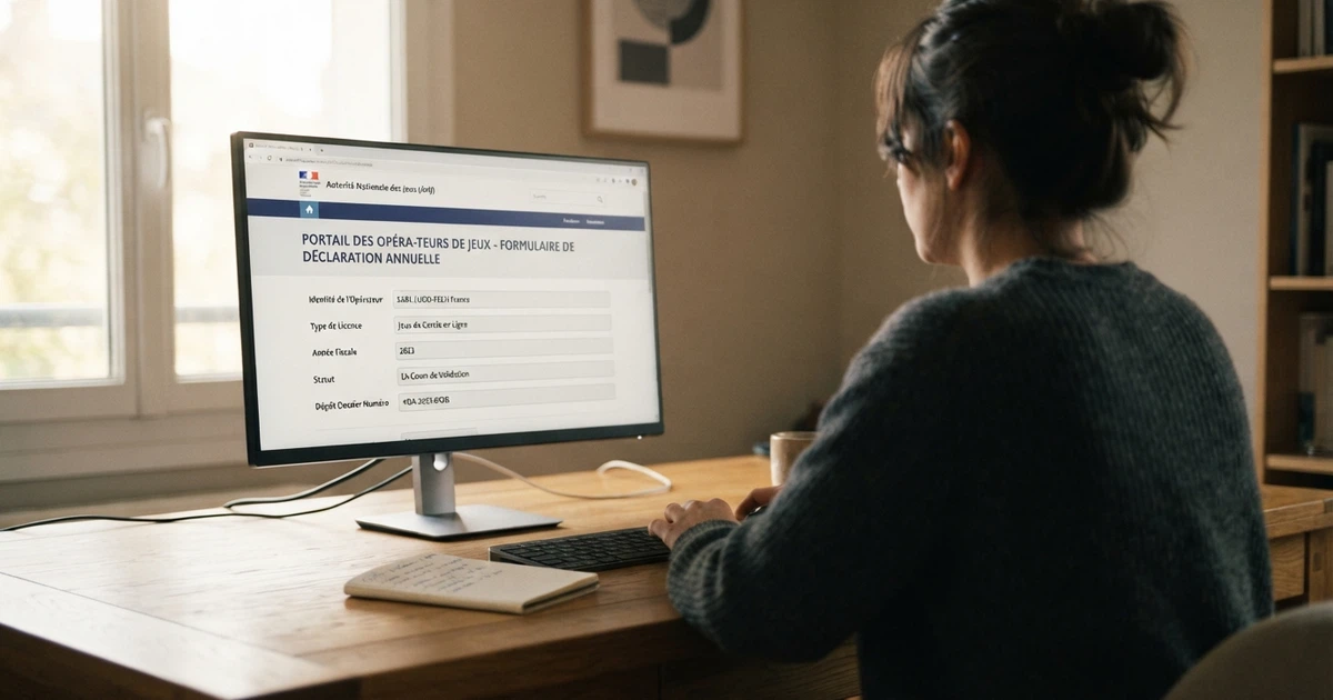 Une personne devant un écran d'ordinateur, l'air réfléchi, une carte d'identité posée à côté du clavier, l'interface du portail ANJ visible en arrière-plan