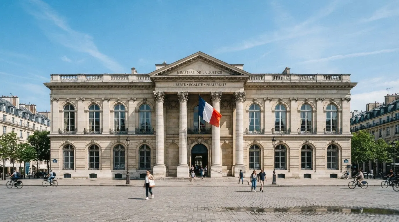 La façade du siège de l'Autorité nationale des jeux à Paris, avec le drapeau français et le logo ANJ visibles
