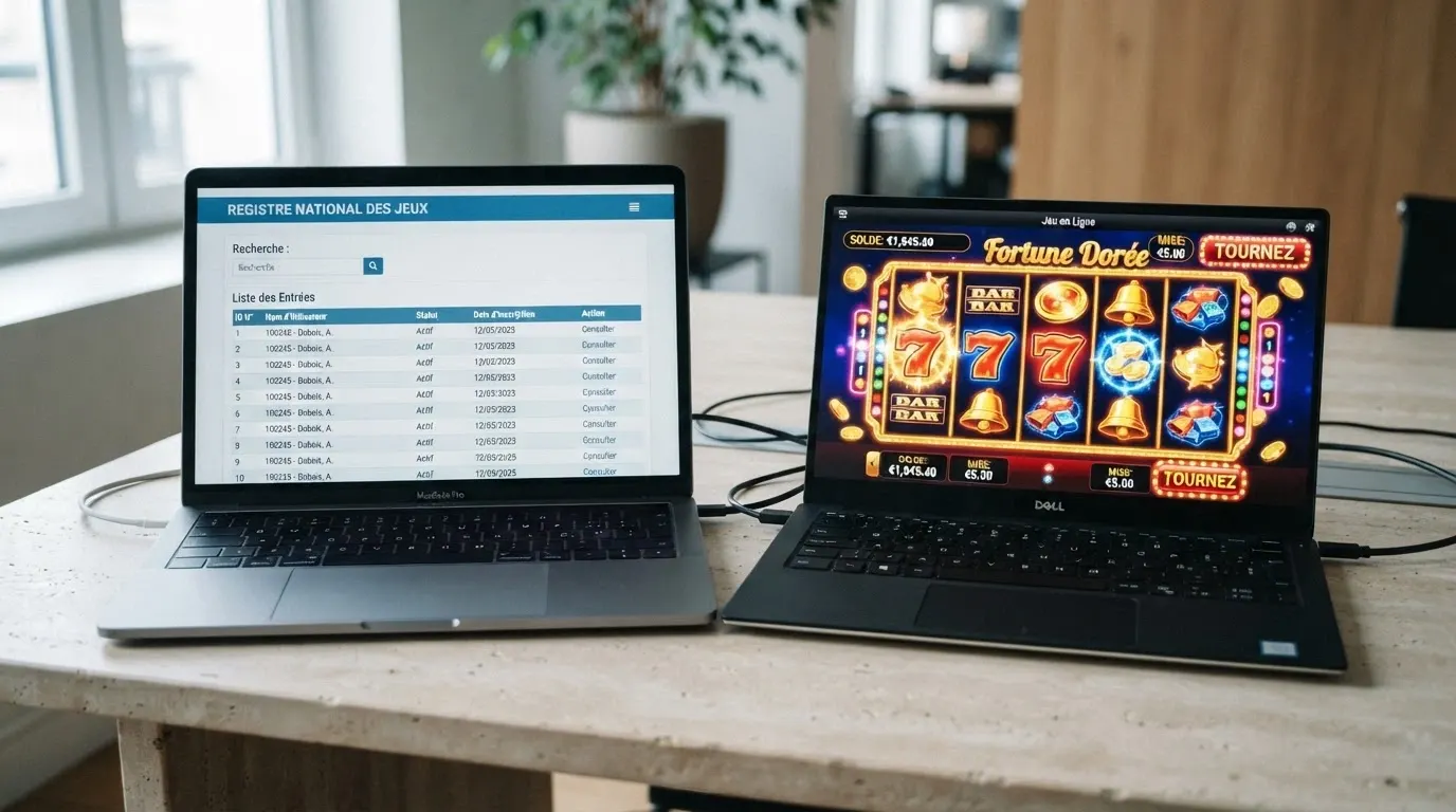 Capture d'écran du site de l'ANJ avec le registre des opérateurs agréés, à côté d'une interface de casino offshore