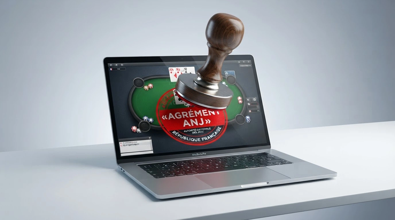 Un tampon officiel « AGRÉMENT ANJ » barrant un écran de casino en ligne affichant des jeux de table, avec le texte « Vérifiez la liste officielle »