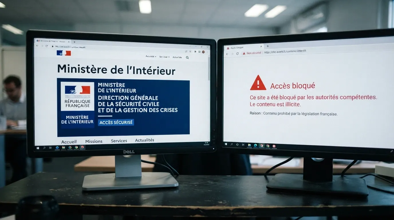 Le logo de l'Autorité nationale des jeux sur une page officielle, juxtaposé à une capture d'écran d'un casino offshore bloqué