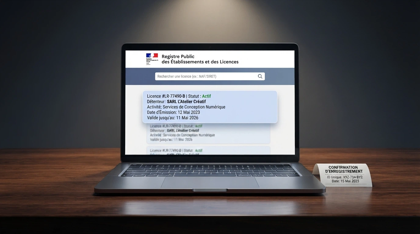 Document officiel de licence de jeu Curaçao posé sur un bureau, avec en arrière-plan l'écran d'accueil du site de l'ANJ
