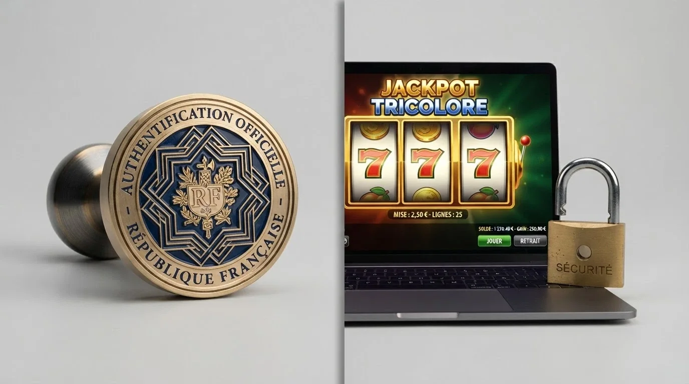 Deux colonnes contrastées : à gauche un document officiel frappé du sceau ANJ, à droite un écran de casino aux couleurs criardes barré d'un cadenas ouvert, fond neutre.