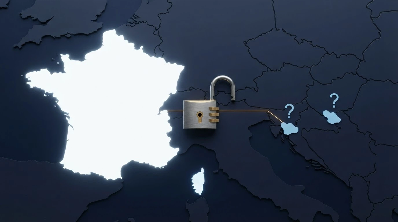 Une carte schématique montrant la France d'un côté avec le logo ANJ, et de l'autre les juridictions offshore (Curaçao, Malte) avec un point d'interrogation