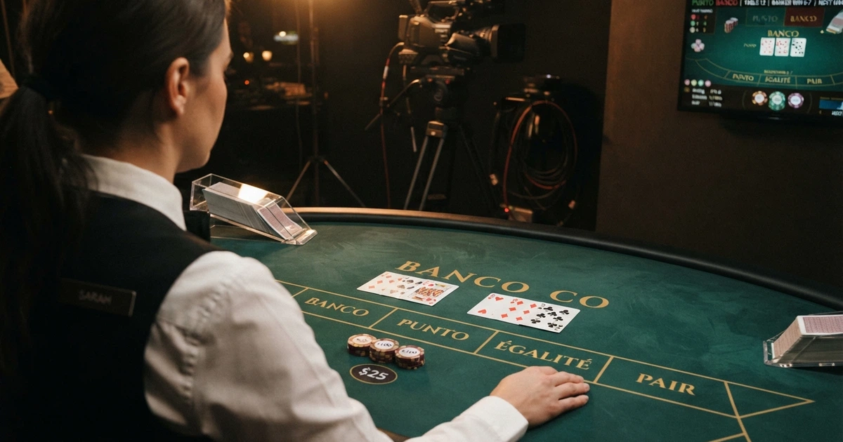 Une table de punto banco en direct filmée dans un studio de casino live, avec un croupier professionnel face à la caméra, des cartes disposées sur le tapis vert et l'interface de jeu visible à l'écran