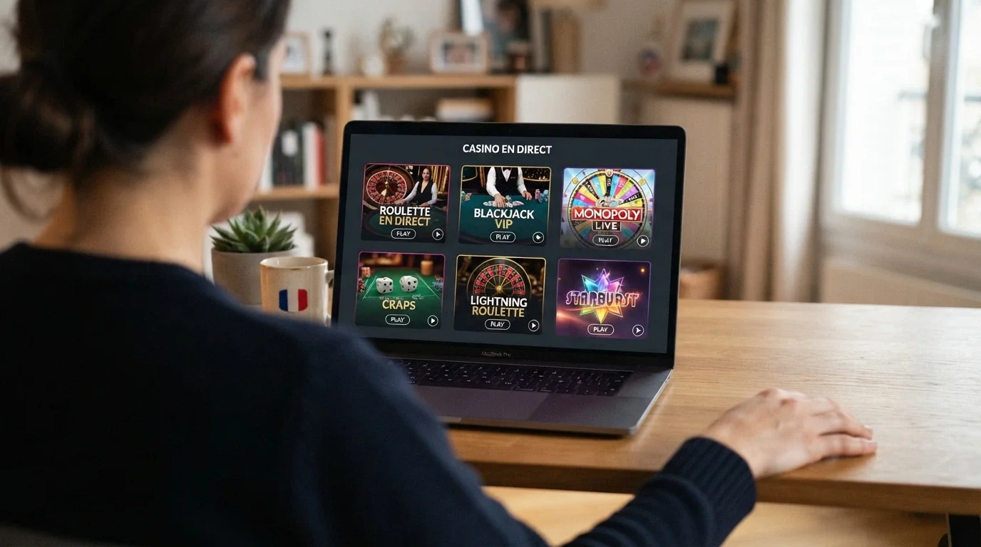 Interface d'un casino en ligne affichant les vignettes du catalogue live d'Evolution Gaming dont Monopoly Live
