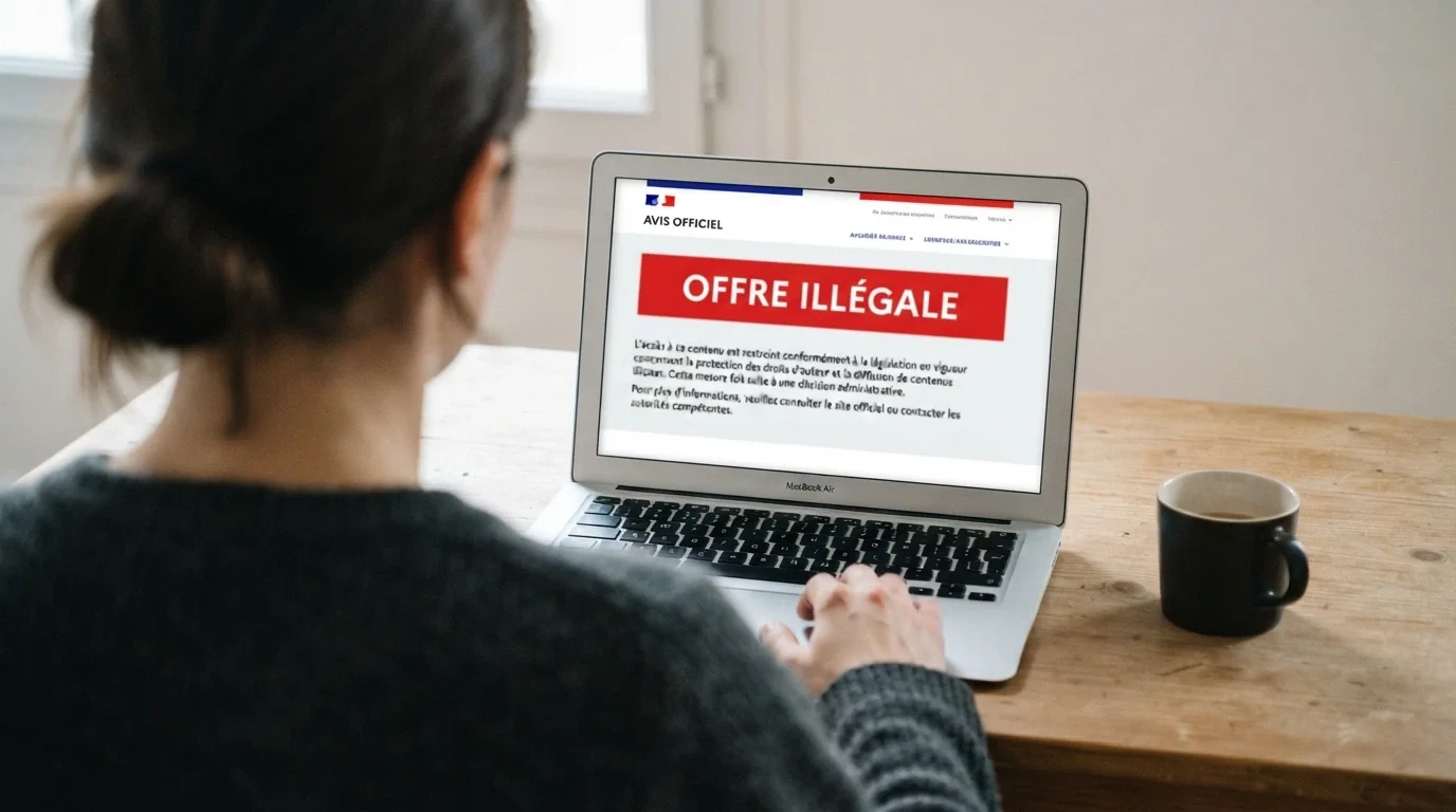 Page officielle du site de l'ANJ affichée sur un écran, avec le drapeau français dans le coin supérieur et la mention « offre illégale » mise en évidence