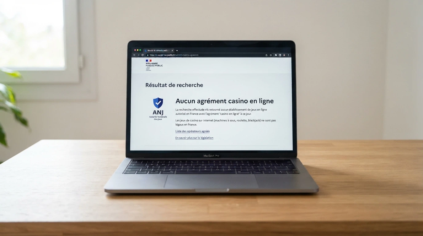 Une capture d'écran du registre des opérateurs agréés de l'ANJ montrant l'absence de licence casino en ligne