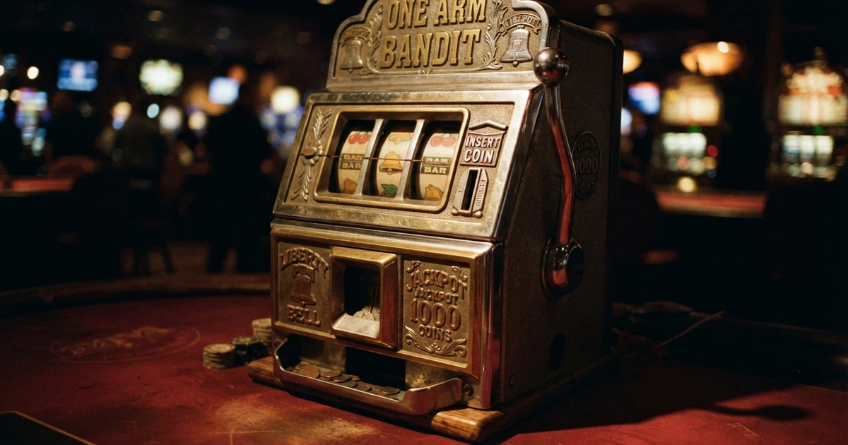 Une machine à sous mécanique ancienne avec son levier latéral chromé, trois rouleaux alignés affichant cerises, cloches et BAR, posée sur un tapis de casino rouge.