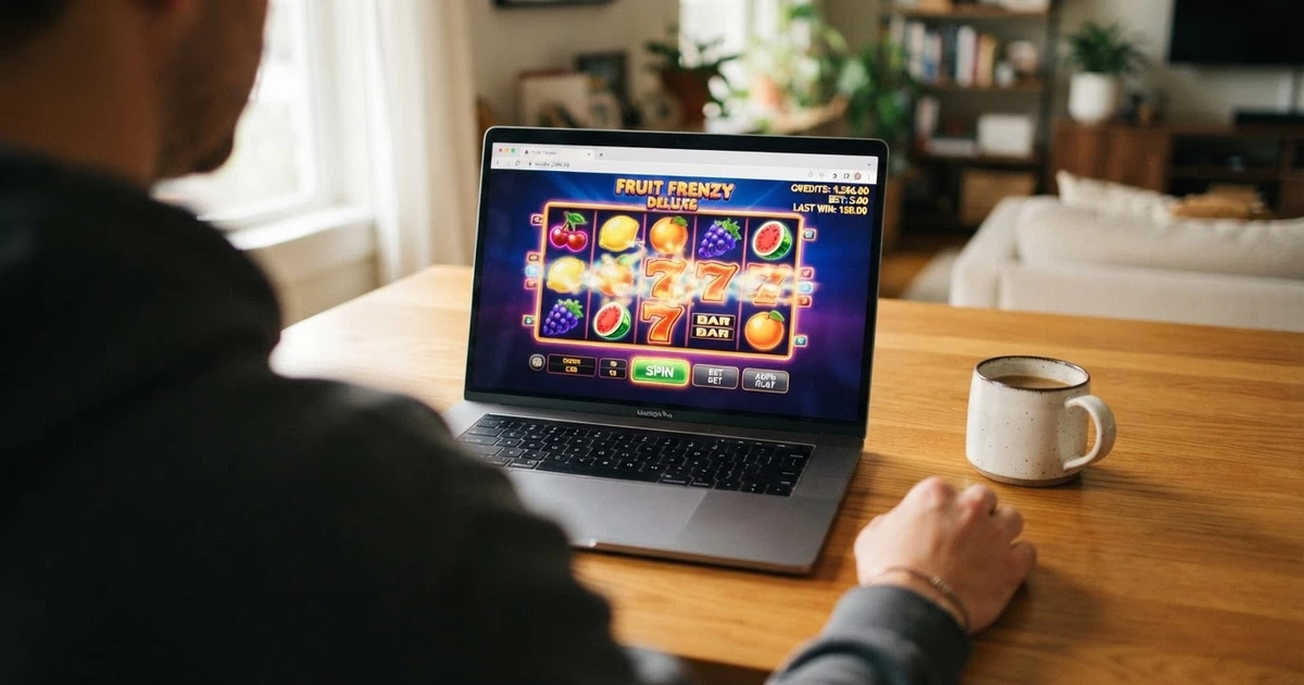 Une interface de navigateur affichant une machine à sous en mode démo, avec des crédits virtuels visibles et aucun champ d'inscription à l'écran