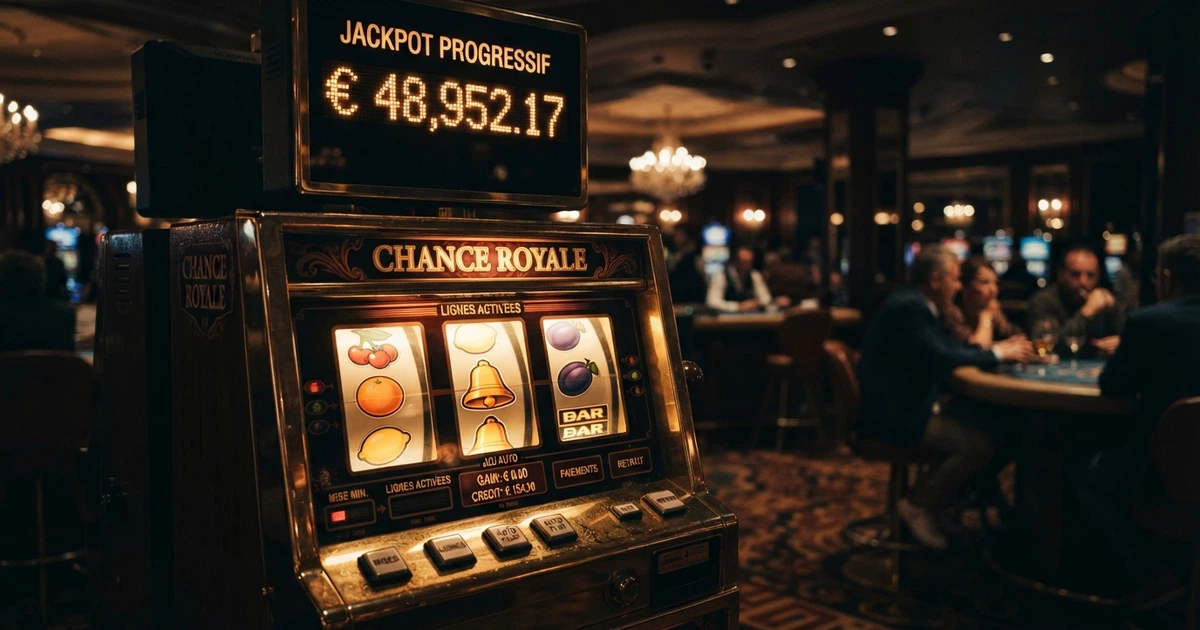 Écran de machine à sous affichant un jackpot progressif avec un compteur de cagnotte qui grimpe en temps réel