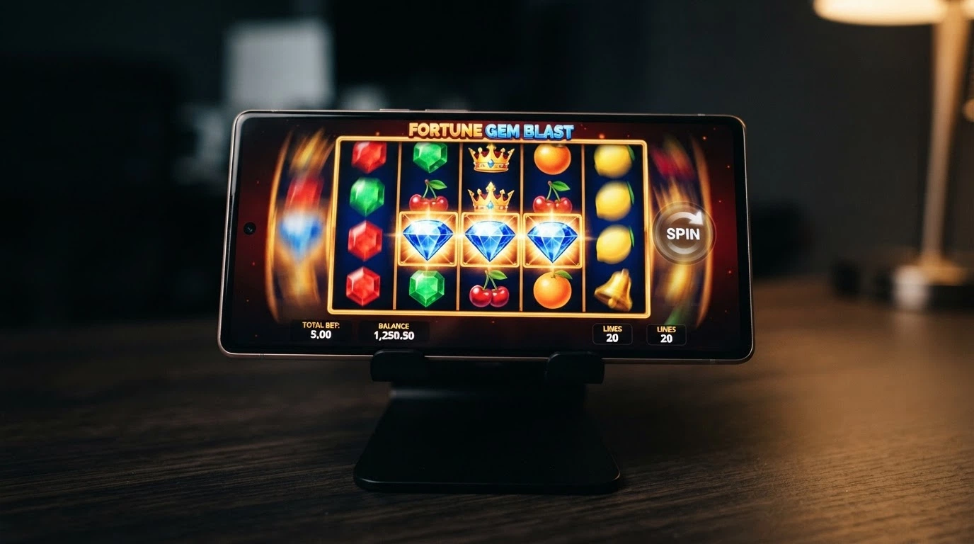 Gros plan sur un smartphone en orientation paysage affichant une machine à sous colorée (type Sweet Bonanza), avec les rouleaux en mouvement et l'interface tactile visible.
