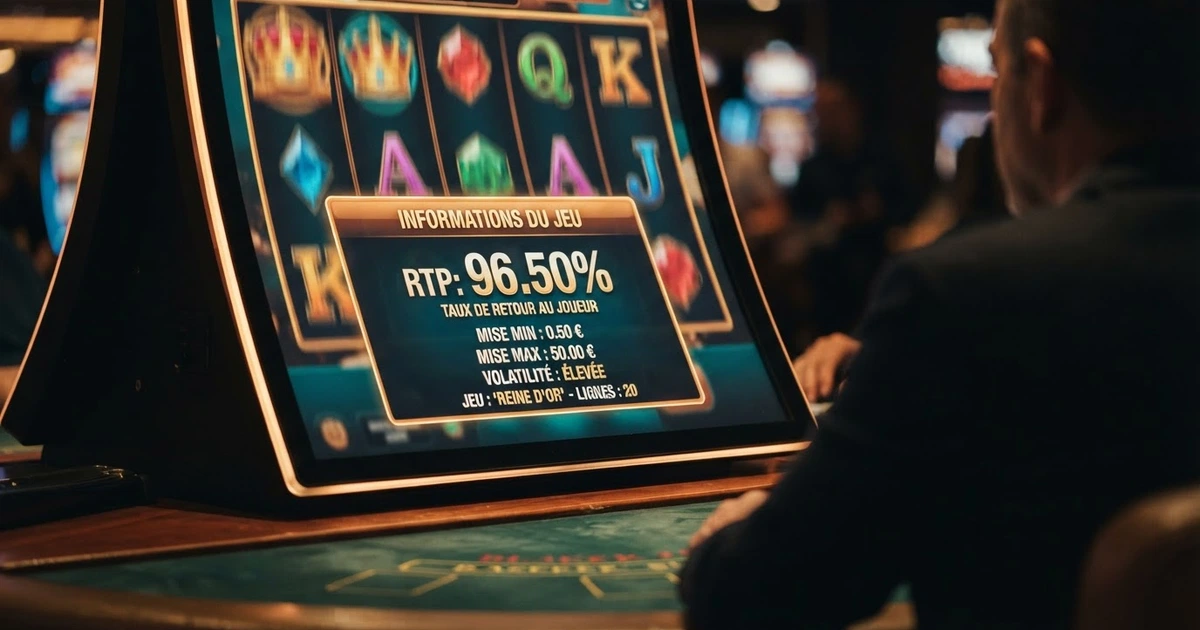 Interface d'une machine à sous en ligne affichant son pourcentage de RTP dans le menu d'information du jeu