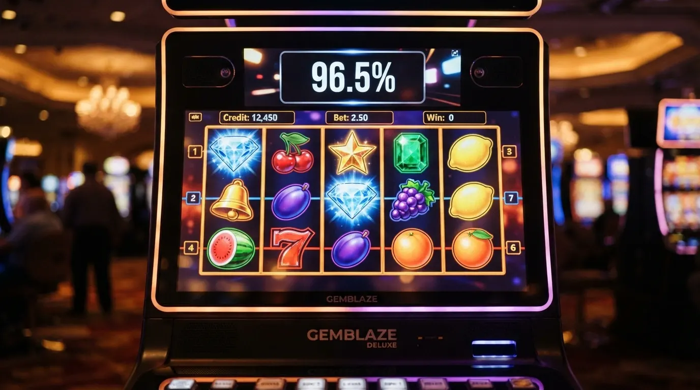 Écran de machine à sous en ligne colorée affichant un taux de RTP et un pourcentage de cashback