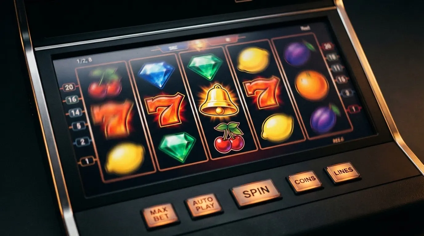 Écran de machine à sous en ligne colorée avec rouleaux alignés, sur fond de interface de casino, sans logo opérateur visible