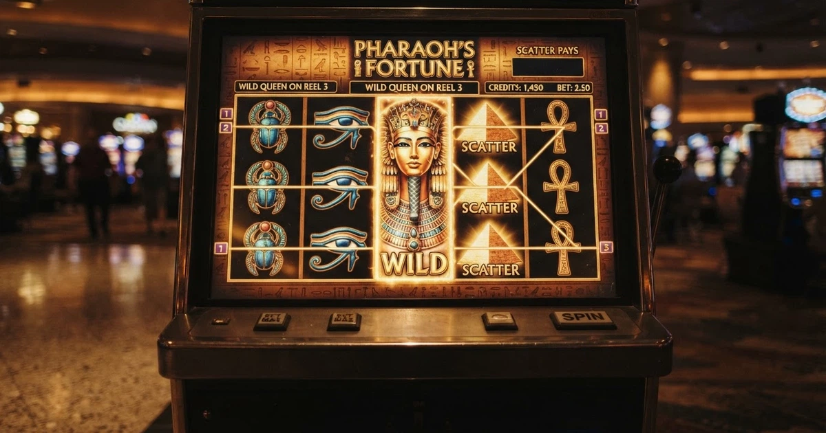 Capture d'écran de la machine à sous Cleopatra d'IGT affichant ses 5 rouleaux, les symboles égyptiens (Cléopâtre, sphinx, scarabée) et l'interface de jeu complète