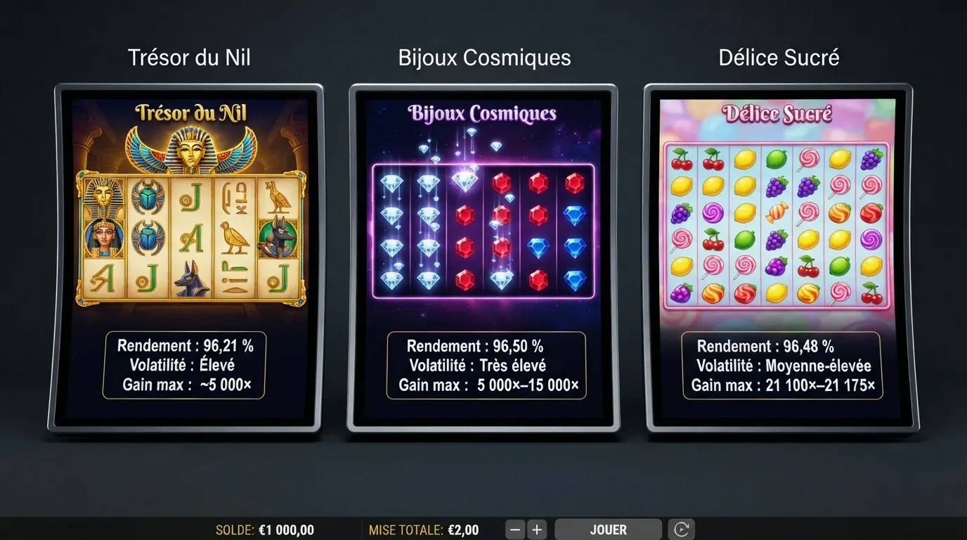 Écran de machine à sous en ligne avec l'interface en français, rouleaux visibles, tableau des gains et colonne de mise affichés